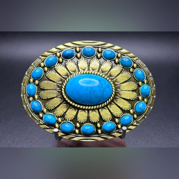 Turquoise Blue Color Accented Western Belt Buckle Silver or gold main image 11